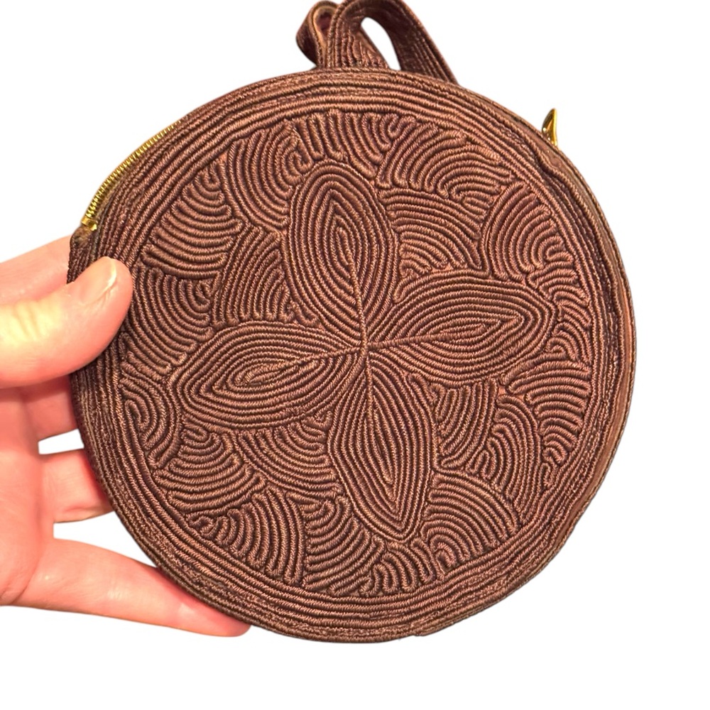 Dark Brown Vintage 1940s Embroidered corded Round Wristlet